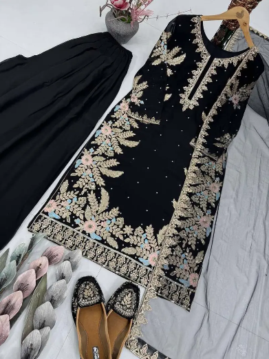 DESIGNER GEORGETTE EMBROIDERY SEQUENCE WORK WITH PERAL MOTI HAND WORK TOP PALAZZO WITH DUPATTA BLACK