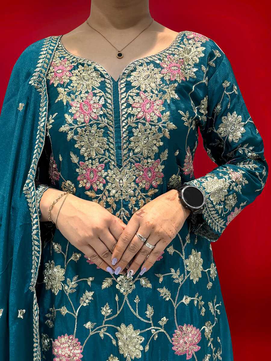 DESIGNER CHINON EMBROIDERY SEQUENCE THREAD WORK TOP PALAZZO WITH DUPATTA