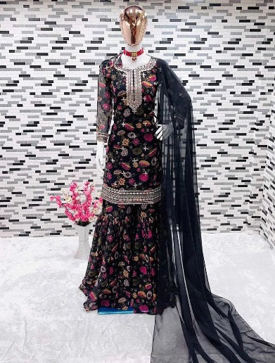 FANCY GEORGETTE DIGITAL PIRNT EMBROIDERY WORK TOP SHARARA WITH DUPATTA MOTHER DAUGHTER COMBO BROWN