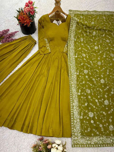 DESIGNER GERMAN CHIFFON EMBROIDERY SEQUENCE WORK GOWN PALAZZO WITH DUPATTA MEHNDI