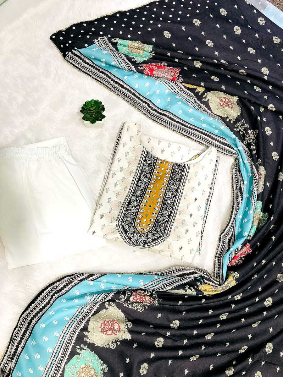 FANCY MUSLIN COTTON DIGITAL PRINTED REAL MIRROR HAND WORK TOP BOTTOM WITH DUPATTA WHITE