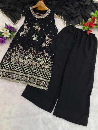 RICH LOOK GEORGETTE EMBROIDERY SEQUENCE WORK TOP PALAZZO WITH DUPATTA BLACK