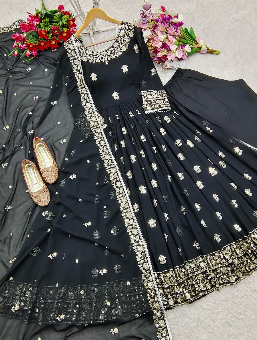 FANCY GEORGETTE EMBROIDERY SEQUENCE WORK GOWN BOTTOM WITH DUPATTA BLACK