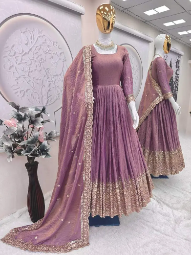 DESIGNER FENDY SILK EMBROIDERY SEQUENCE WORK GOWN WITH DUPATTA LAVENDER
