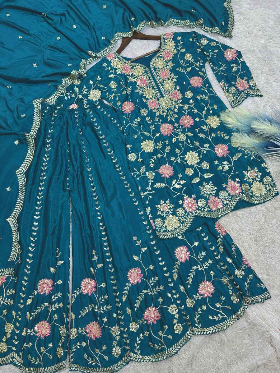 DESIGNER CHINON EMBROIDERY SEQUENCE THREAD WORK TOP PALAZZO WITH DUPATTA