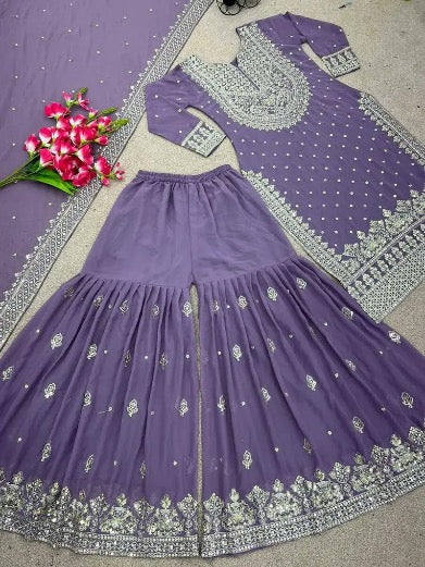 DESIGNER GEORGETTE EMBROIDERY SEQUENCE WORK TOP SHARARA WITH DUPATTA LAVENDER IN SIZE XXL