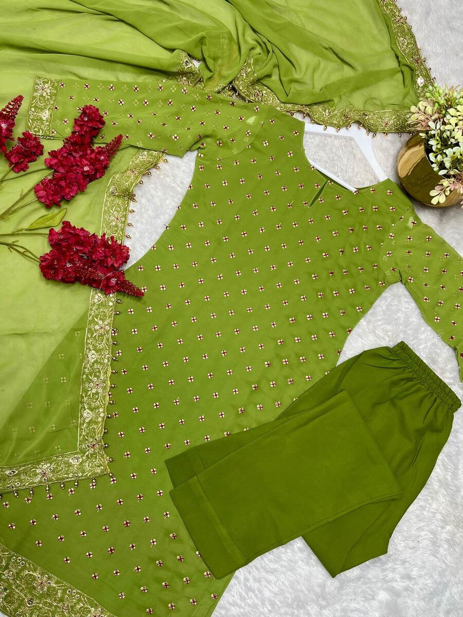 ATTRACTIVE GEORGETTE EMBROIDERY SEQUENCE WORK TOP BOTTOM WITH DUPATTA PARROT GREEN
