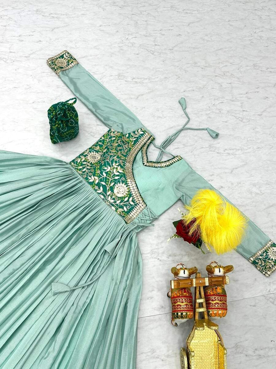 DESIGNER CHINON GOTA PATTI CODING AND BANDHEJ WORK ATTACHED KOTI STYLE GOWN WITH POTALI PURSE SKY BLUE