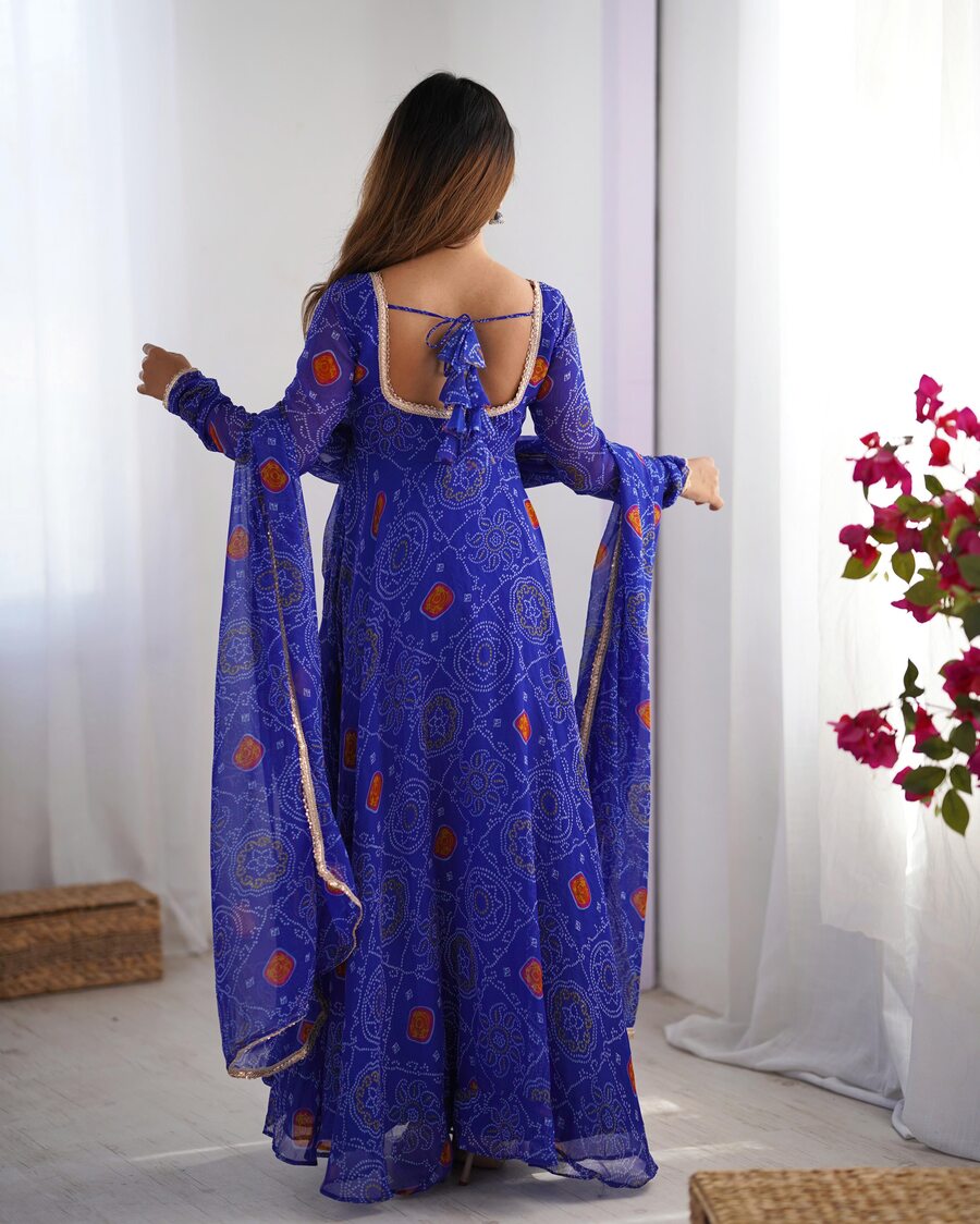 FANCY CHIFFON BANDHEJ PRINTED LACE WORK GOWN BOTTOM WITH DUPATTA