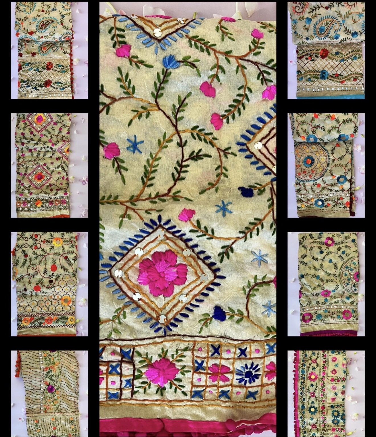 Beautiful Indain Mix Silk Route Handmade Phulkari Dupatta Embroidered Chanderi Scarf