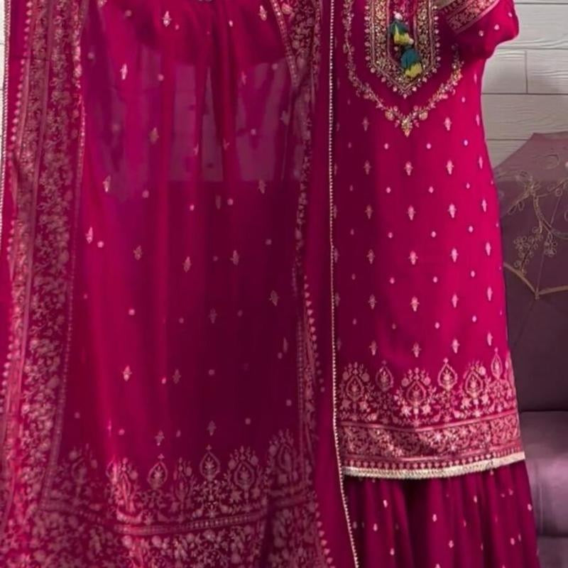 FASHIONABLE CHINON SILK EMBROIDREY SEQUENCE WORK TOP SHARARA WITH DUPATTA