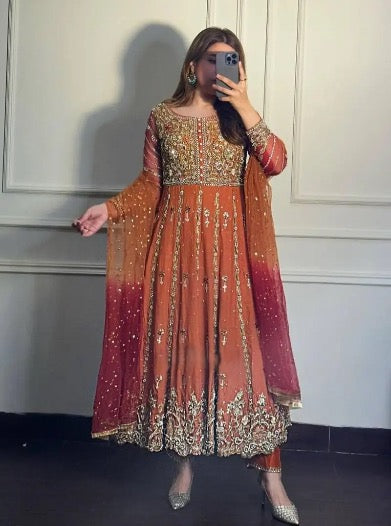 FANCY GEORGETTE SEQUENCE EMBROIDERY WORK GOWN WITH DUPATTA ORANGE