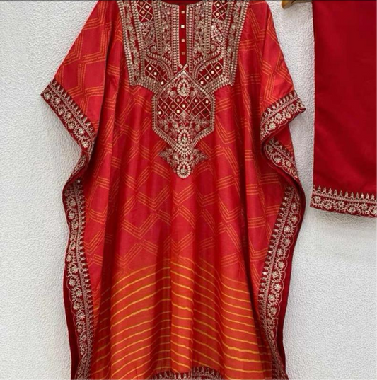DESIGNER CHINON SILK EMBROIDERY CODING DORI -SEQUENCE WORK KAFTAN WITH BOTTOM RED