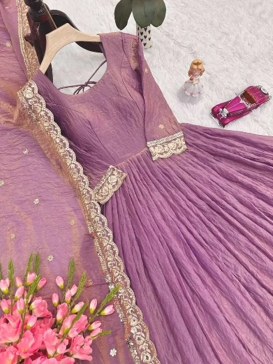 DESIGNER FENDY SILK EMBROIDERY SEQUENCE WORK GOWN WITH DUPATTA LAVENDER