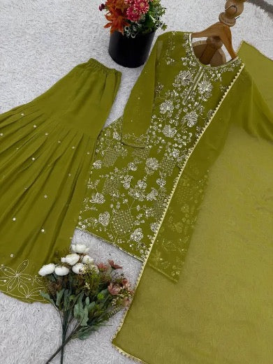 DESIGNER GEORGETTE EMBROIDERY SEQUENCE WORK TOP SHARARA WITH DUPATTA