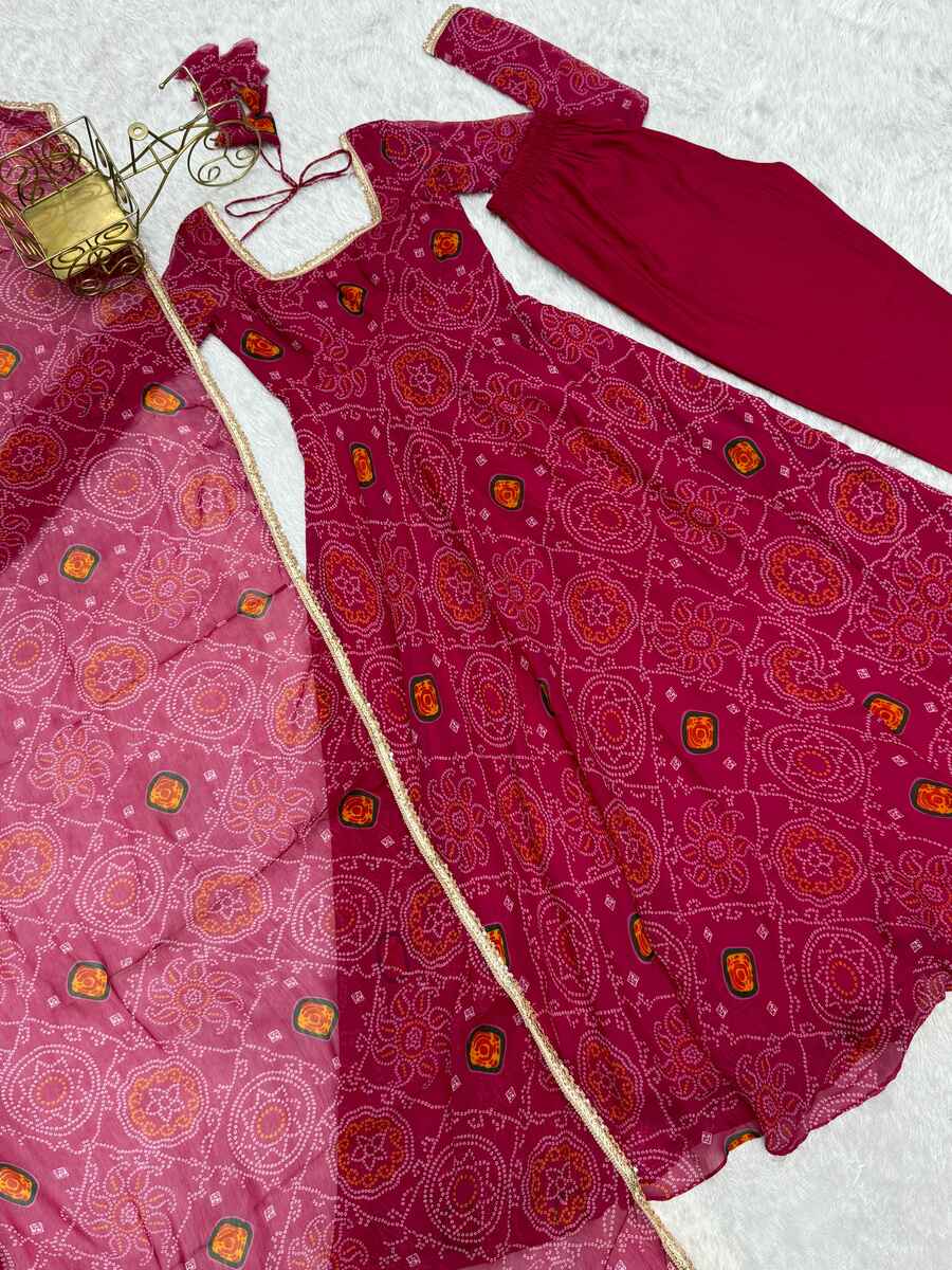 FANCY CHIFFON BANDHEJ PRINTED LACE WORK GOWN BOTTOM WITH DUPATTA