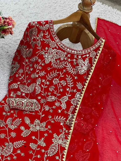 RICH LOOK GEORGETTE EMBROIDERY SEQUENCE WORK TOP SHARARA WITH DUPATTA RED
