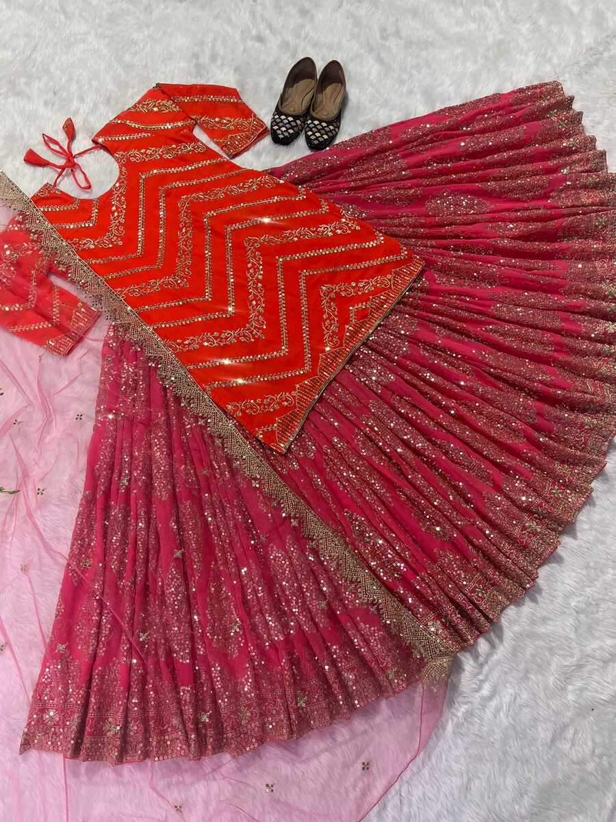 PARTY WEAR GEORGETTE EMBROIDERY SEQUENCE WORK LEHENGA TOP WITH DUPATTA ORANGE