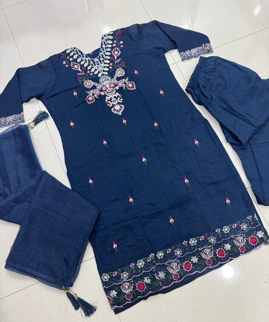 FANCY VICHITRA SILK MULTI SEQUENCE WORK TOP BOTTOM WITH DUPATTA NAVY BLUE