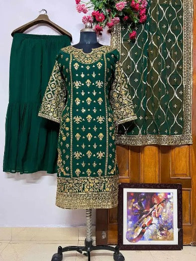 NEW ARRIVAL GEORGETTE SEQUENCE EMBROIDERY WORK TOP SHARARA WITH DUPATTA GREEN