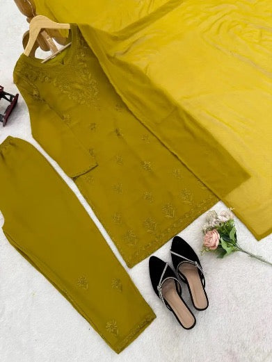 DESIGNER GEORGETTE INTRICATE THREAD WORK TOP BOTTOM WITH DUPATTA MEHNDI