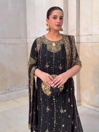 RICH LOOK GEORGETTE EMBROIDERY AND SEQUENCE WORK WITH LACE BORDER WORK TOP BOTTOM WITH DUPATTA BLACK