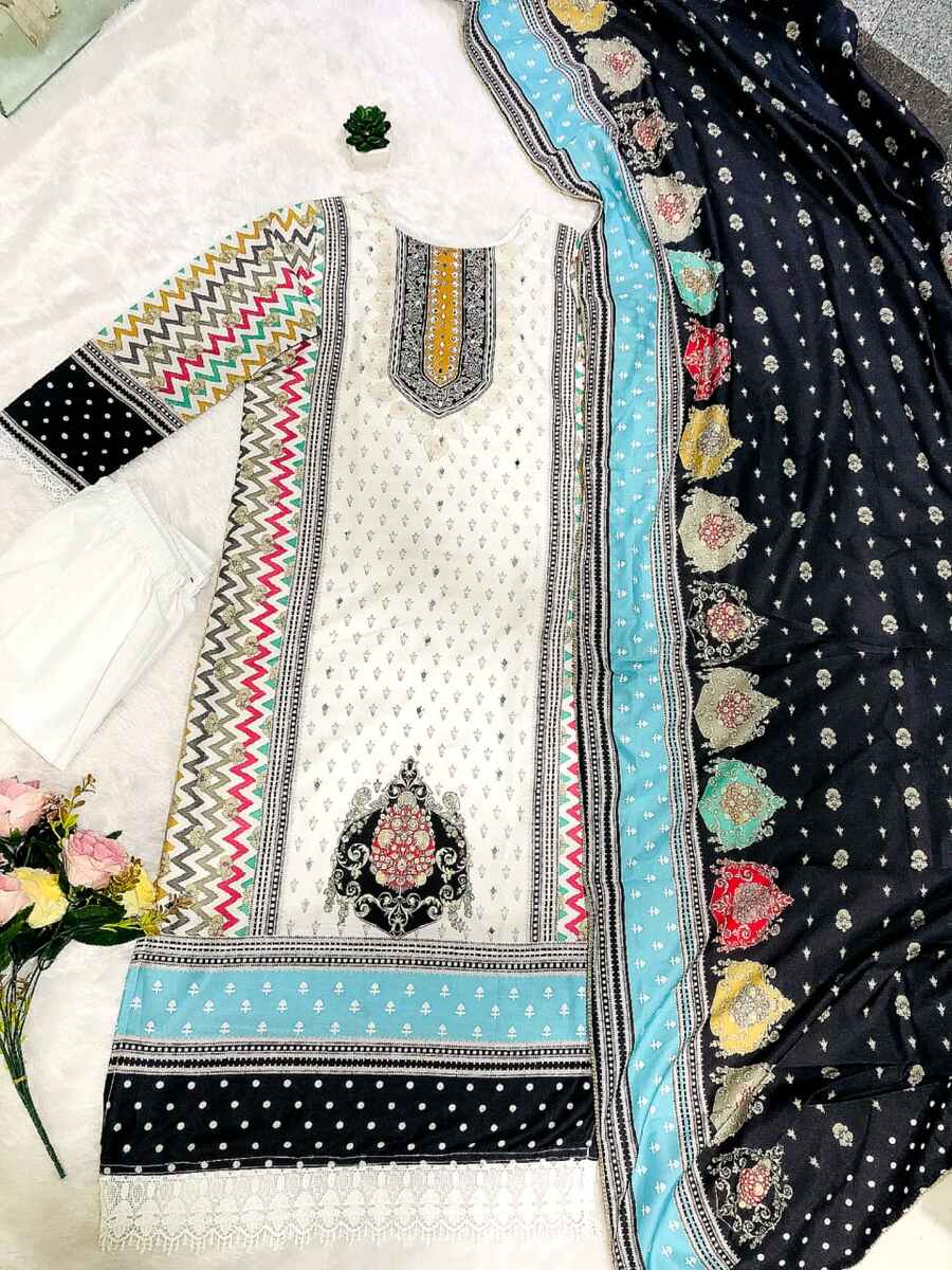 FANCY MUSLIN COTTON DIGITAL PRINTED REAL MIRROR HAND WORK TOP BOTTOM WITH DUPATTA WHITE