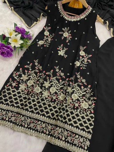 RICH LOOK GEORGETTE EMBROIDERY SEQUENCE WORK TOP PALAZZO WITH DUPATTA BLACK