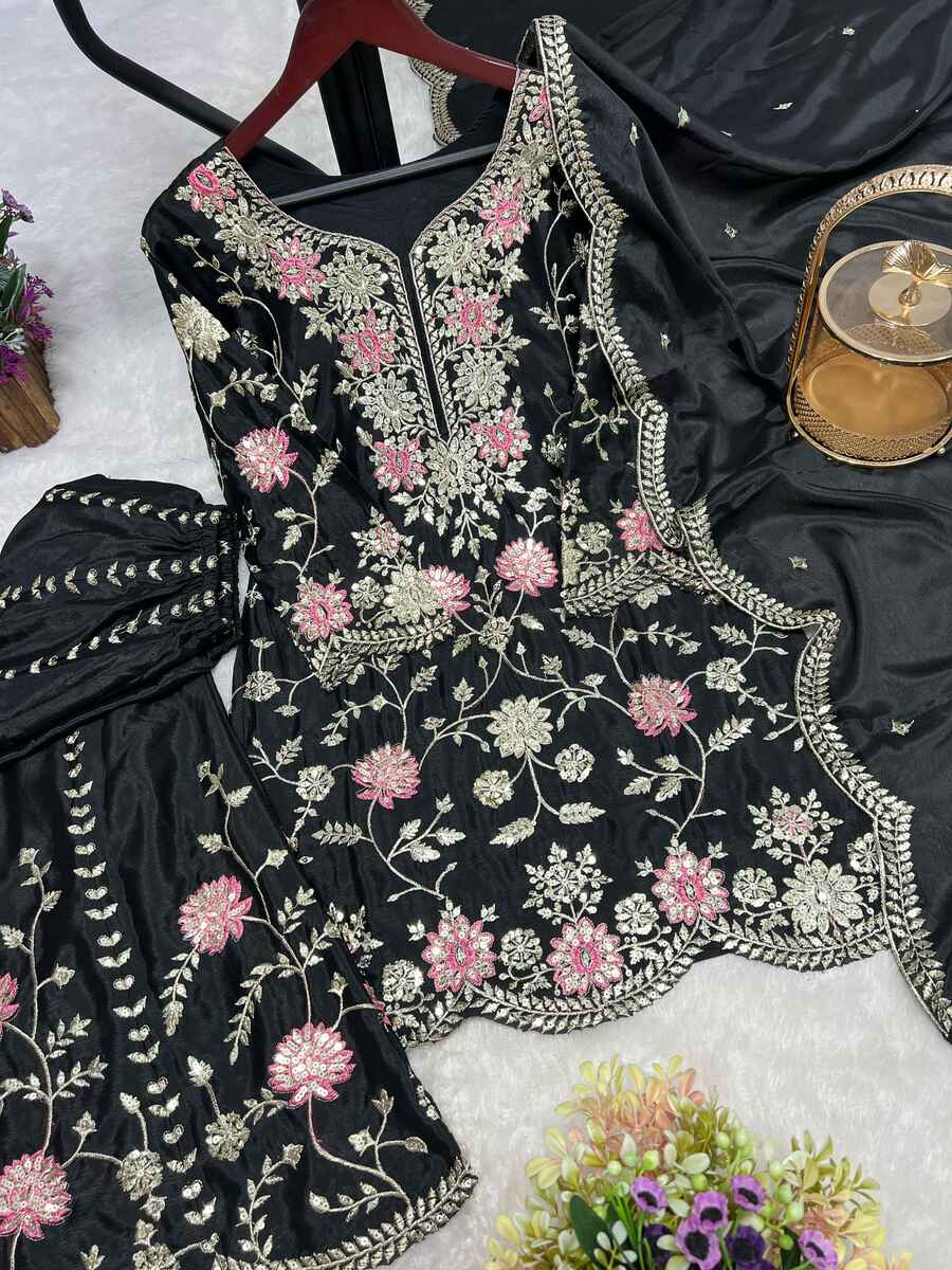 DESIGNER CHINON EMBROIDERY SEQUENCE THREAD WORK TOP PALAZZO WITH DUPATTA