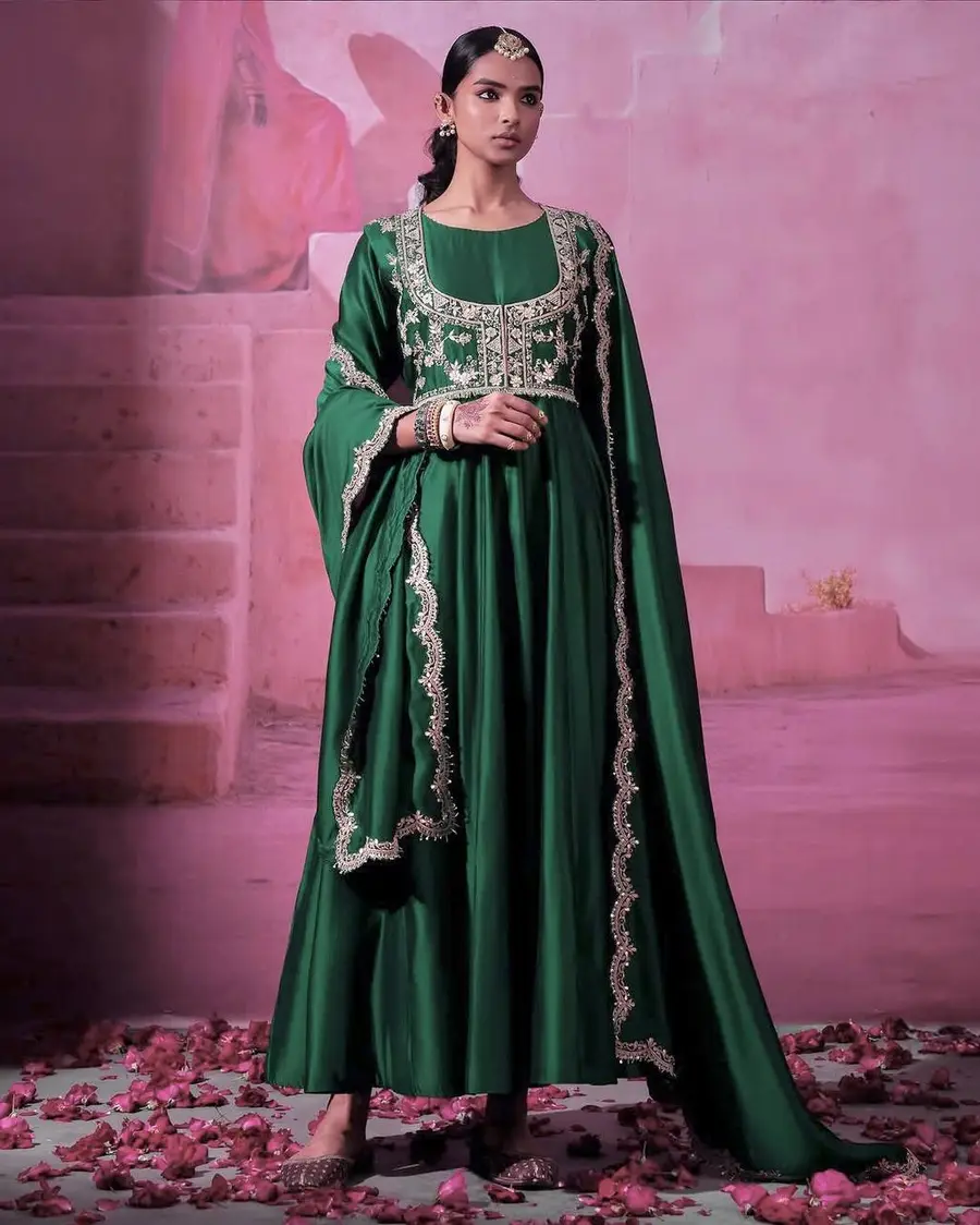 MODERN CHINON SILK EMBROIDERY SEQUENCE WORK GOWN KOTI WITH DUPATTA GREEN