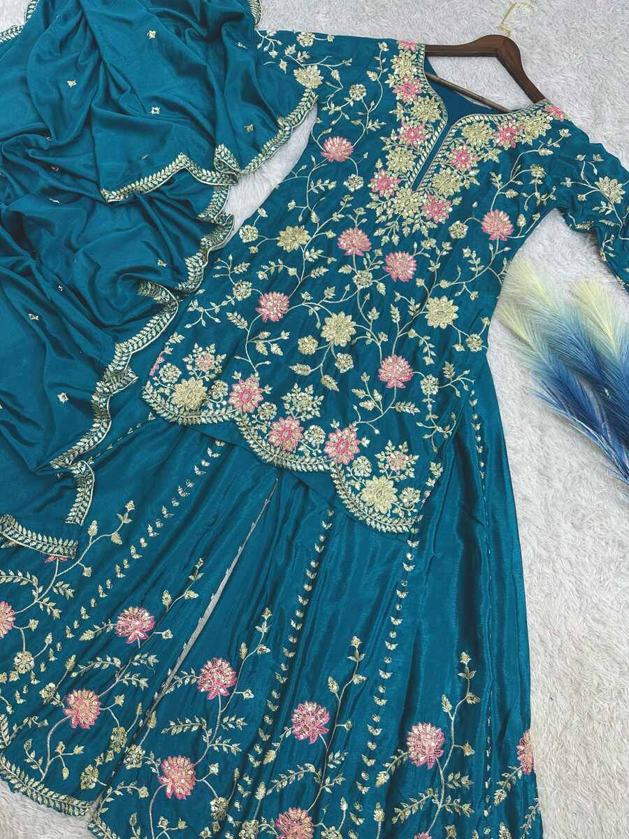 DESIGNER CHINON EMBROIDERY SEQUENCE THREAD WORK TOP PALAZZO WITH DUPATTA