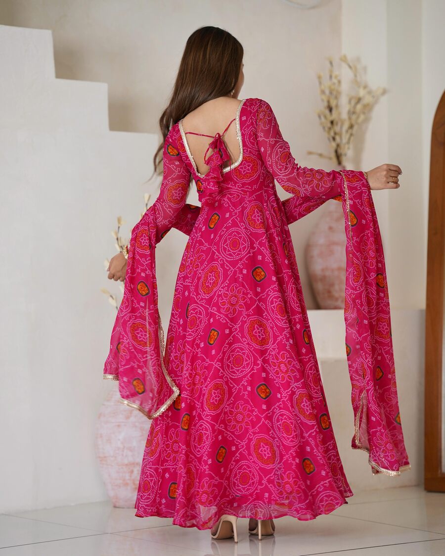 FANCY CHIFFON BANDHEJ PRINTED LACE WORK GOWN BOTTOM WITH DUPATTA