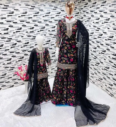 FANCY GEORGETTE DIGITAL PIRNT EMBROIDERY WORK TOP SHARARA WITH DUPATTA MOTHER DAUGHTER COMBO BROWN