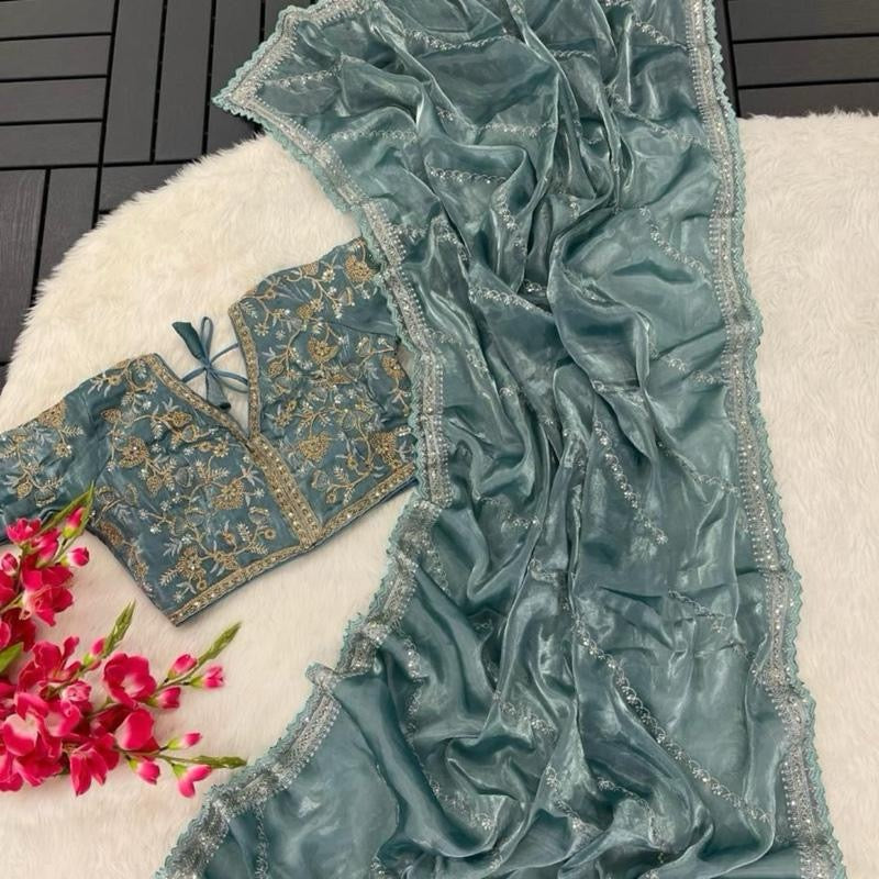 PARTY WEAR HIGH END SILK SEQUENCE WORK SAREE WITH  READY MADE BLOUSE up to 42”