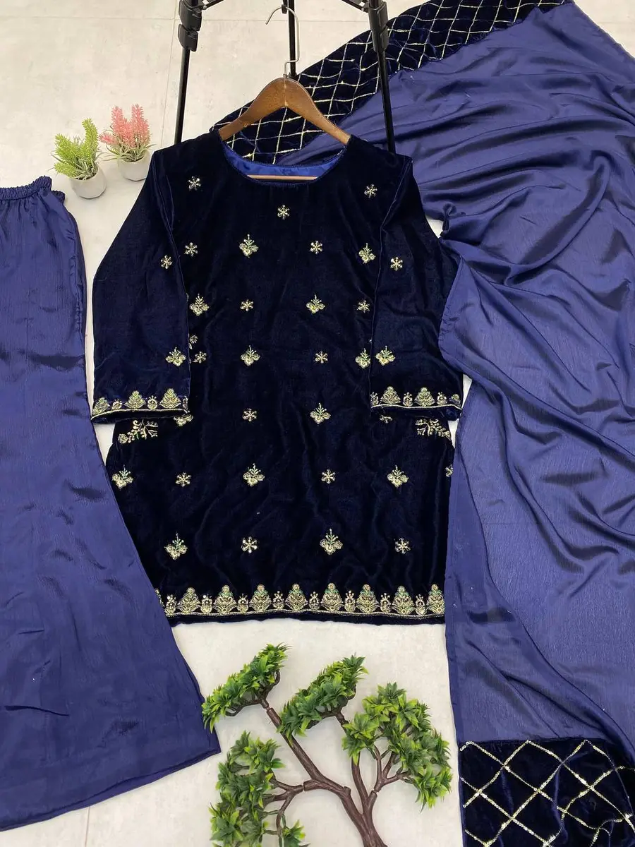 RICH LOOK VELVET SEQUENCE EMBROIDERY WORK TOP PALAZZO WITH DUPATTA BLUE IN XL