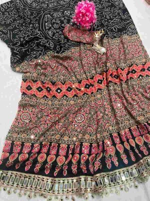 TRENDING CREPE SILK AJARAKH PRINT WITH REAL MIRROR WORK SAREE WITH UNSTITCHED BLOUSE