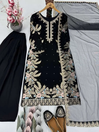 DESIGNER GEORGETTE EMBROIDERY SEQUENCE WORK WITH PERAL MOTI HAND WORK TOP PALAZZO WITH DUPATTA BLACK