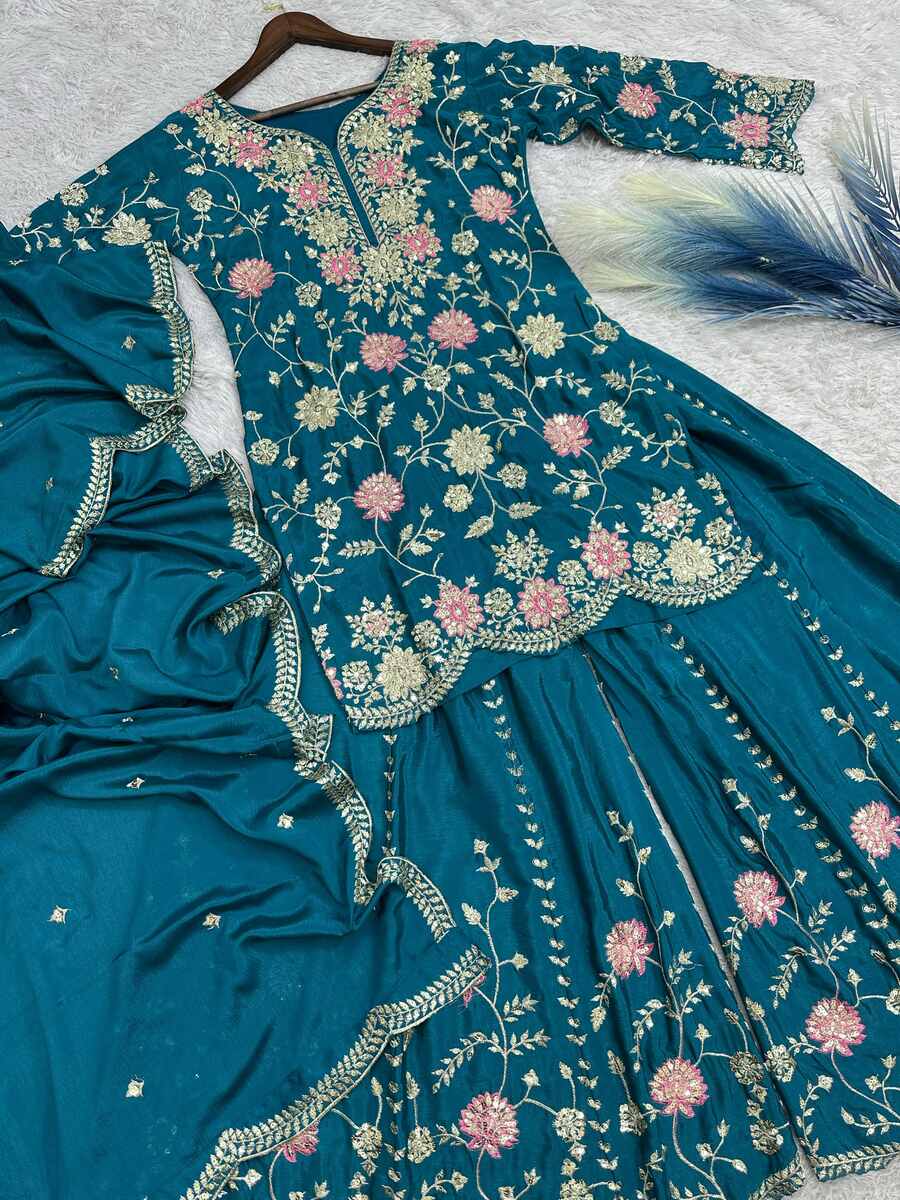 DESIGNER CHINON EMBROIDERY SEQUENCE THREAD WORK TOP PALAZZO WITH DUPATTA