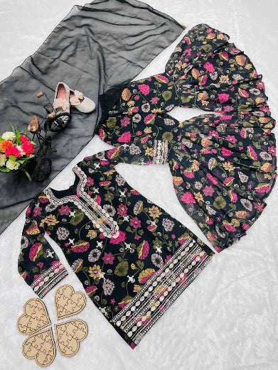 FANCY GEORGETTE DIGITAL PIRNT EMBROIDERY WORK TOP SHARARA WITH DUPATTA MOTHER DAUGHTER COMBO BROWN