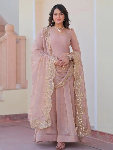DESIGNER CHIFFON STITCHED GOWN WITH SEQUENCE ZARI EMBROIDERY CUT WORK DUPATTA IN PINK