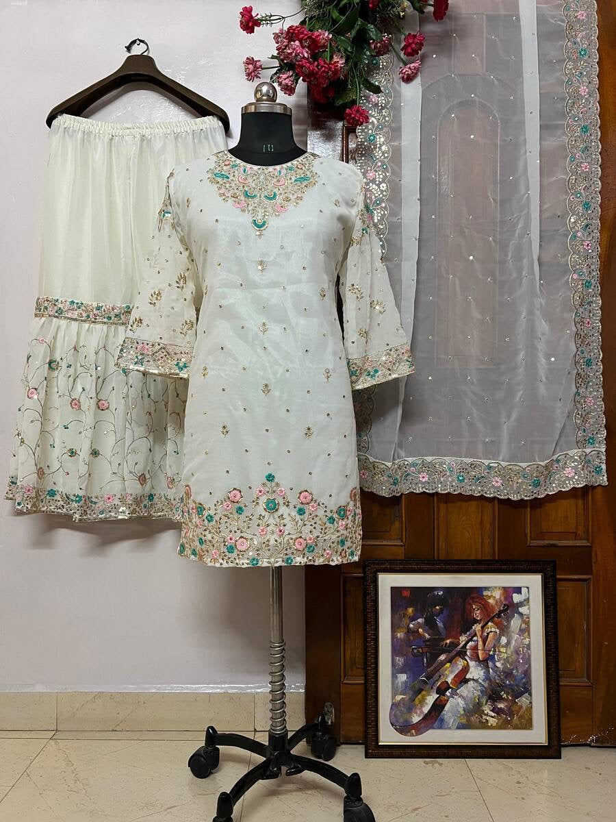 DESIGNER GEORGETTE SEQUENCE THREAD EMBROIDERY WOTK TOP SHARARA WITH DUPATTA OFF WHITE