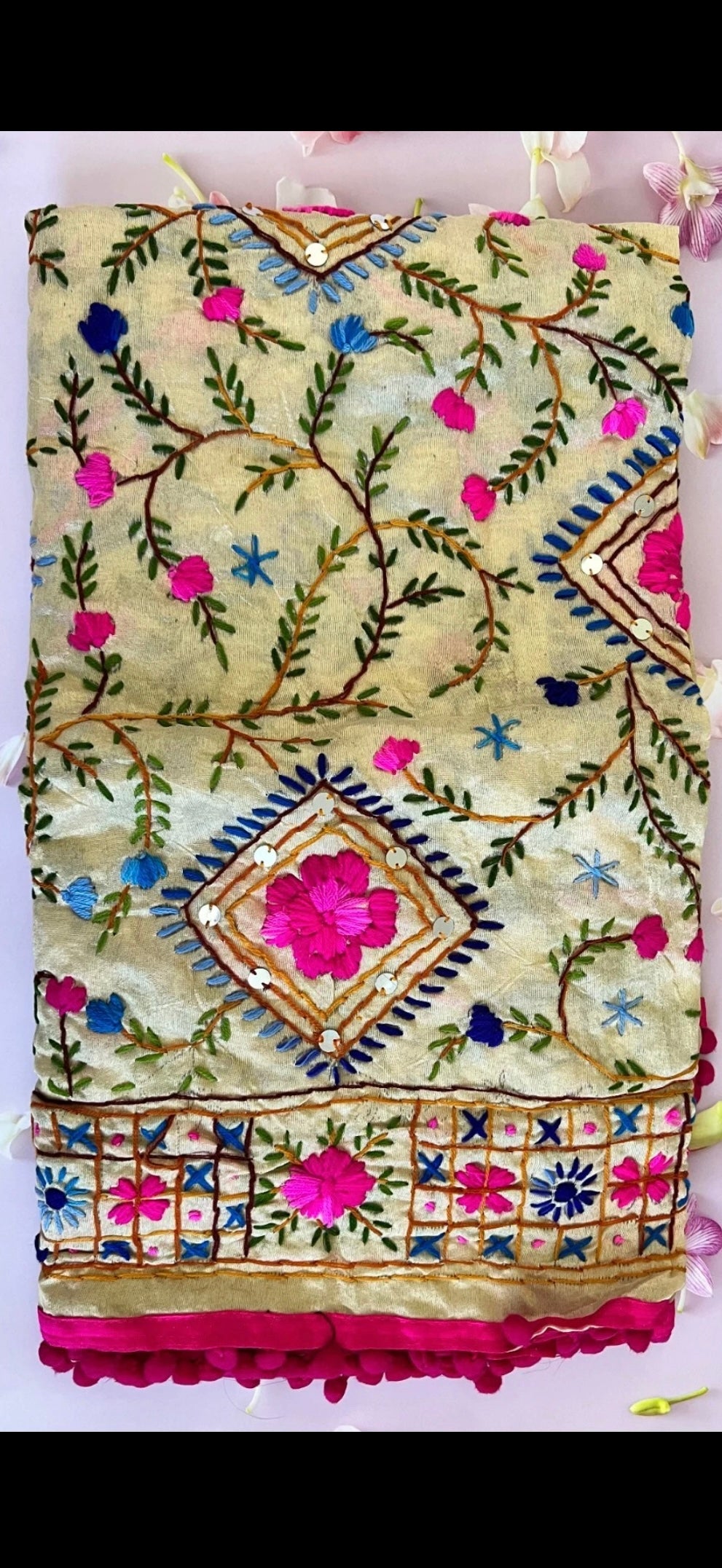 Beautiful Indain Mix Silk Route Handmade Phulkari Dupatta Embroidered Chanderi Scarf