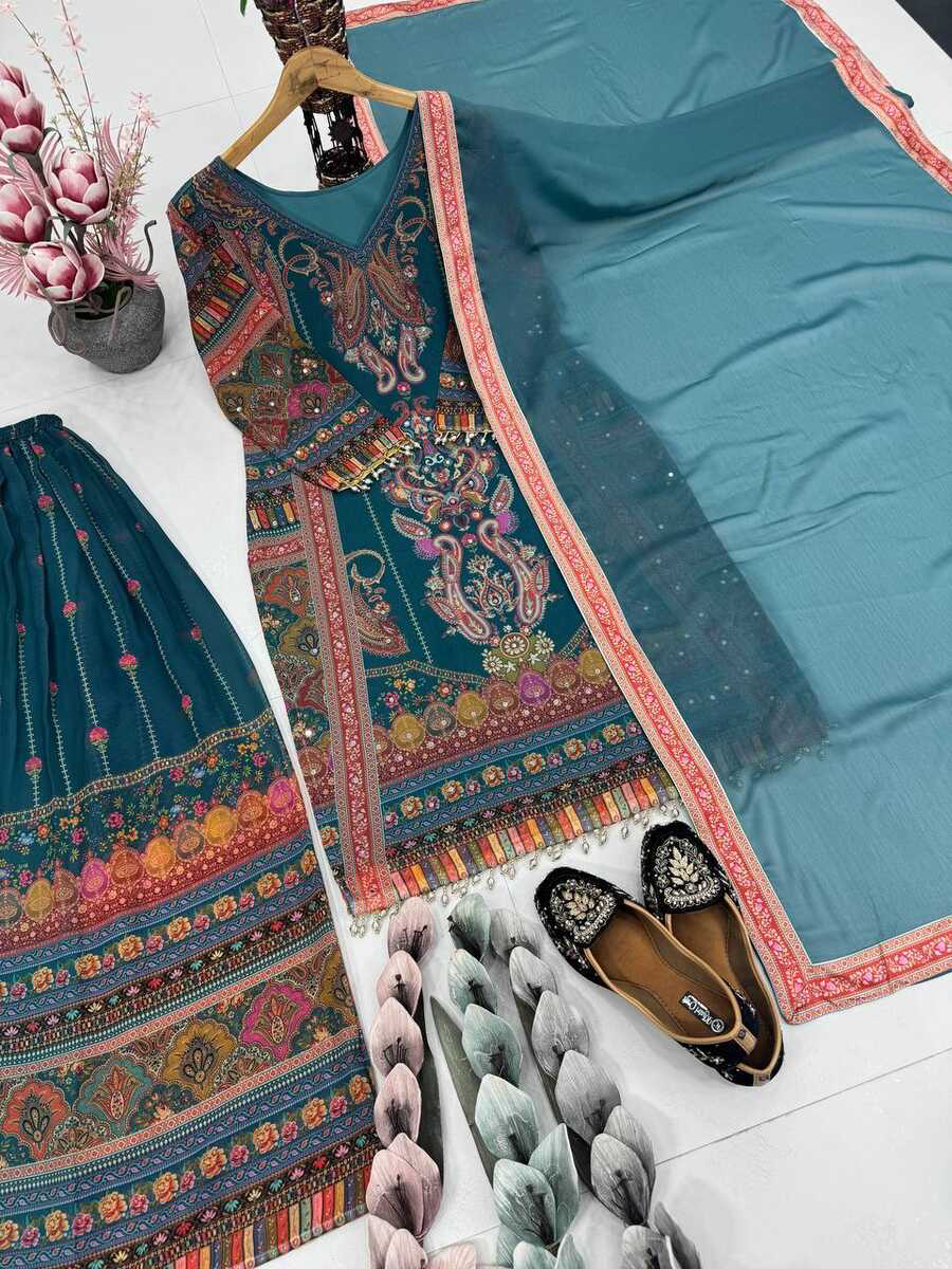 TRENDING GEORGETTE DIGITAL PRINT WITH REAL MIRROR HAND WORK AND FANCY LACE WORK TOP PALAZZO WITH DUPATTA RAMA