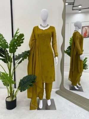 DESIGNER GEORGETTE INTRICATE THREAD WORK TOP BOTTOM WITH DUPATTA MEHNDI