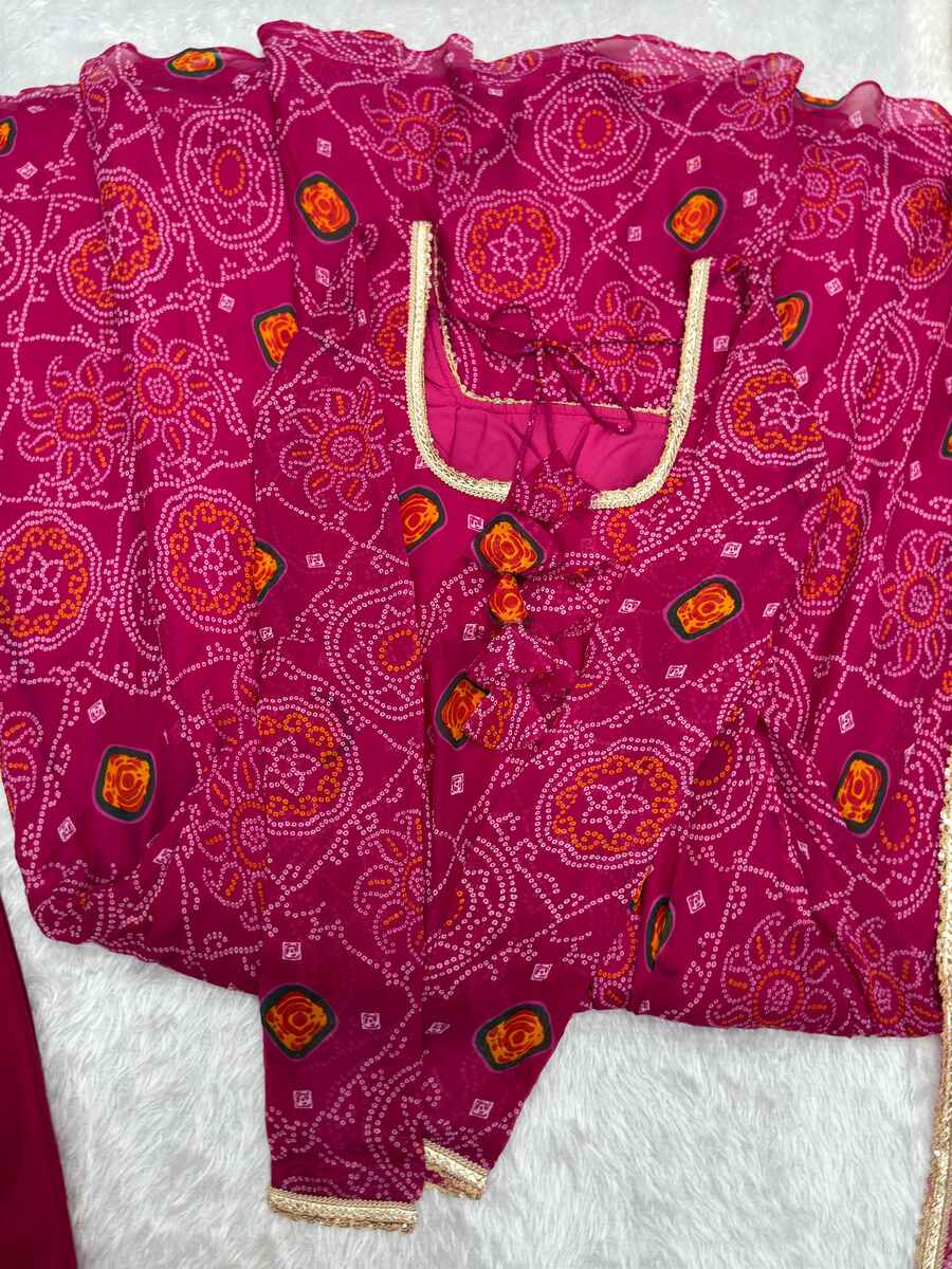 FANCY CHIFFON BANDHEJ PRINTED LACE WORK GOWN BOTTOM WITH DUPATTA