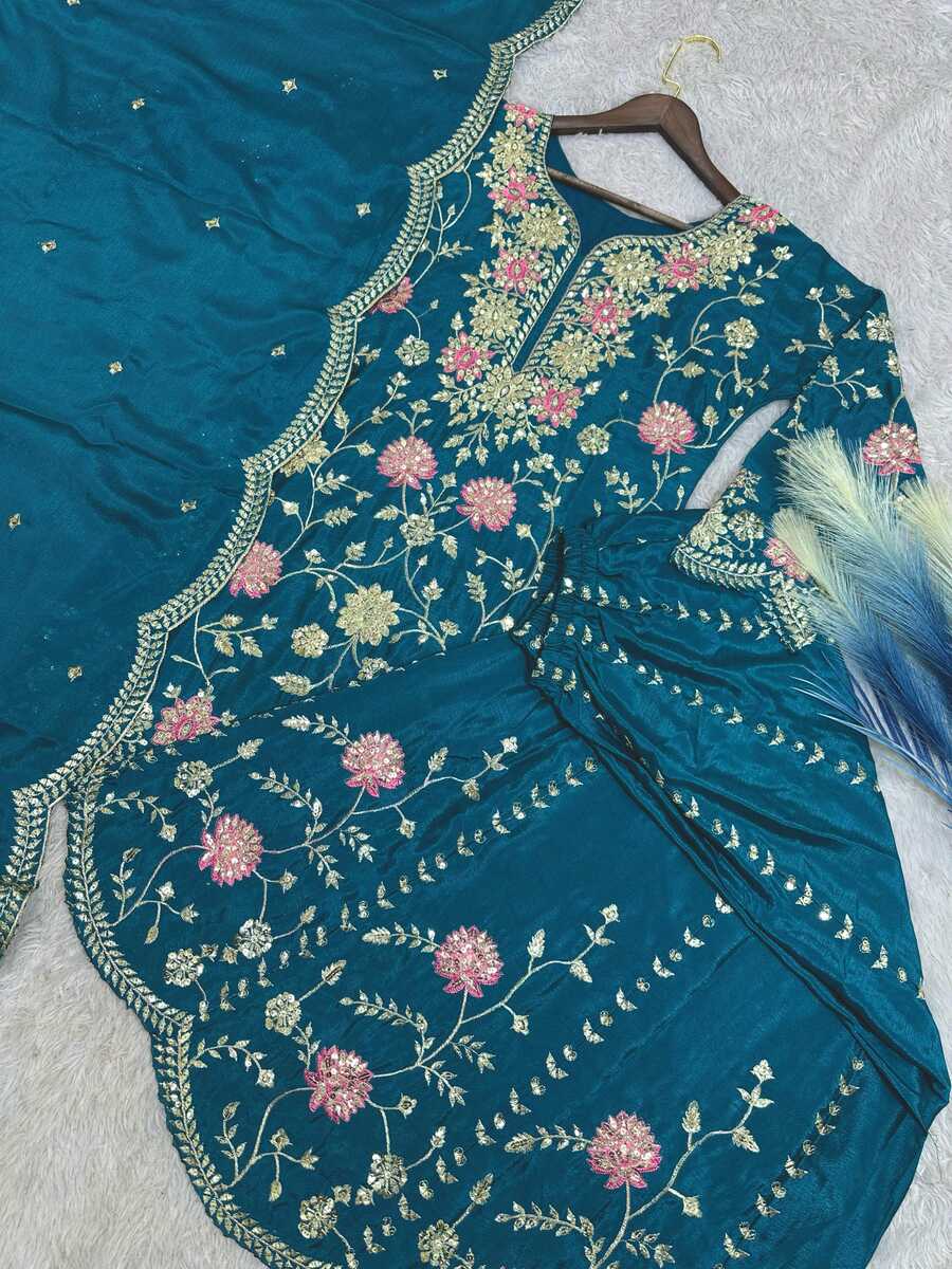 DESIGNER CHINON EMBROIDERY SEQUENCE THREAD WORK TOP PALAZZO WITH DUPATTA