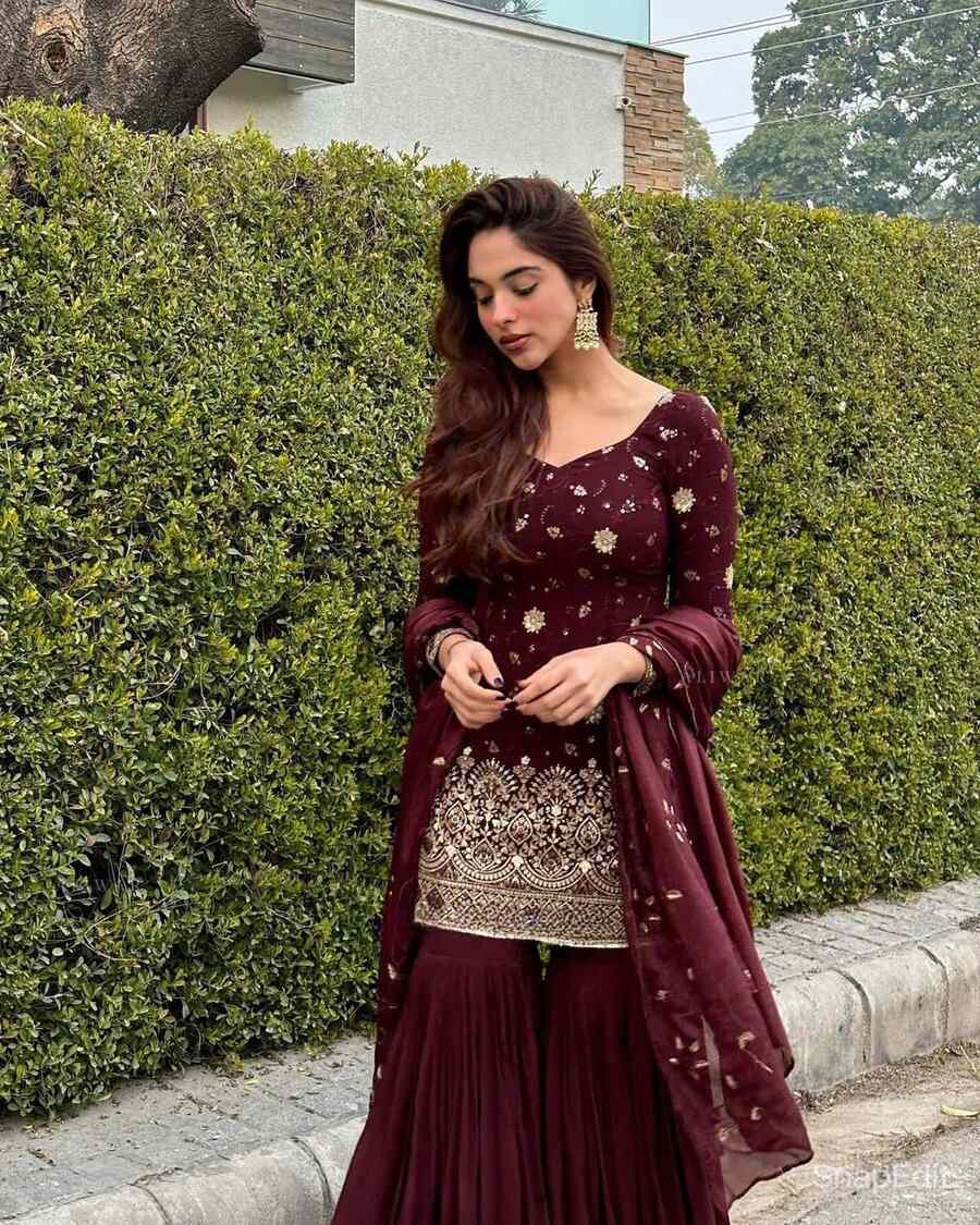 ATTRACTIVE CHINON SILK SEQUENCE EMBROIDERY WORK TOP SHARARA WITH DUPATTA MAROON
