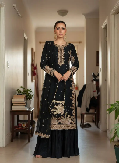 DESIGNER GEORGETTE EMBROIDERY SEQUENCE WORK WITH PERAL MOTI HAND WORK TOP PALAZZO WITH DUPATTA BLACK