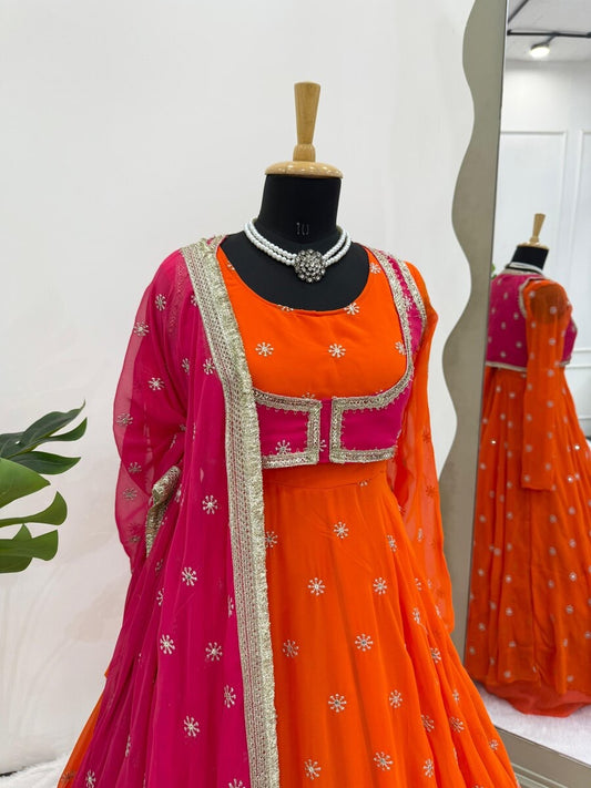 RICH LOOK GEORGETTE THREAD & SEQUENCE WORK ANARAKALI WITH KOTI ,BOTTOM AND DUPATTA ORANGE