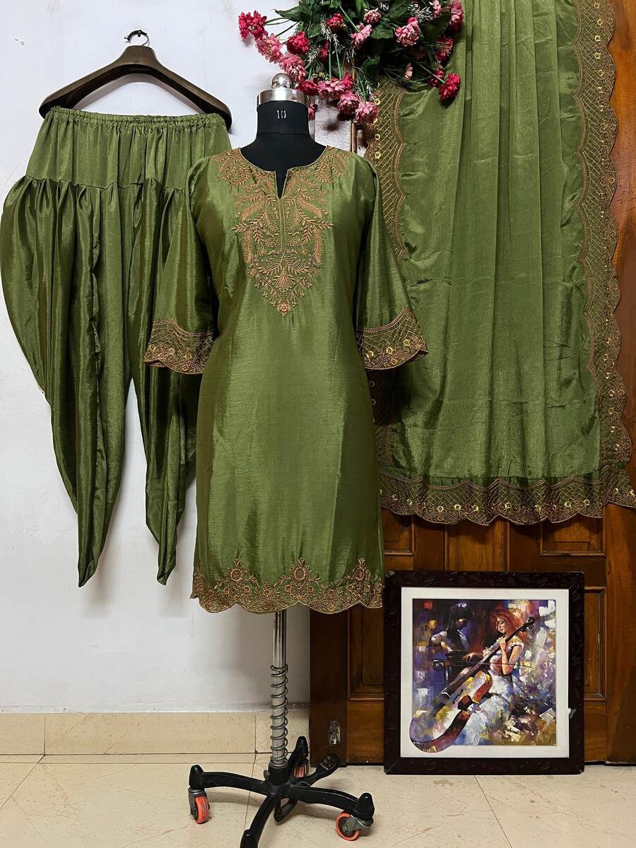 FANCY HEAVY CHINON SILK EMBROIDERY WORK TOP DHOTI WITH DUPATTA MEHENDI